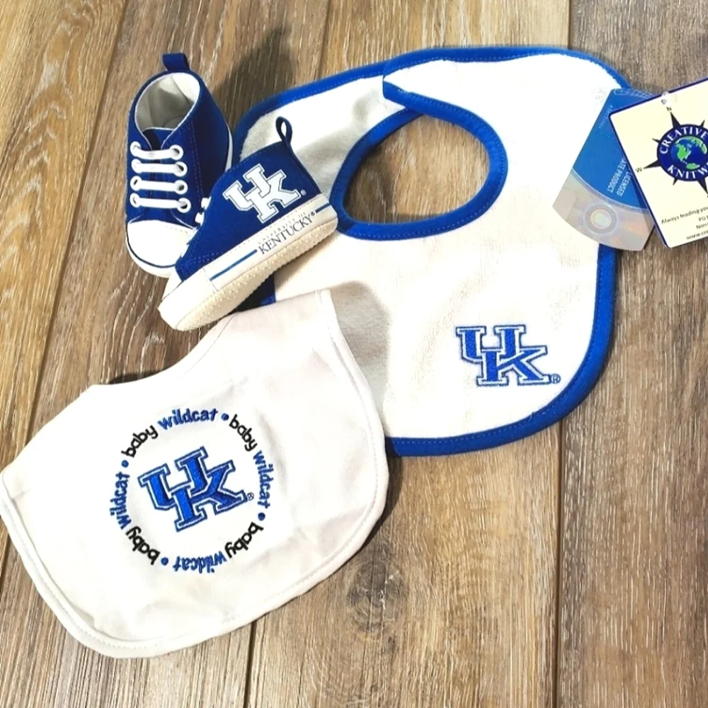 University of Kentucky Blue and White Set Of 2 Baby Bibs And 1 Pair Crib Shoes